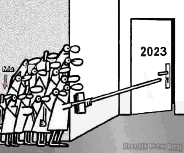 a cartoon of a group of people standing in front of a door with the number 2023 on it .