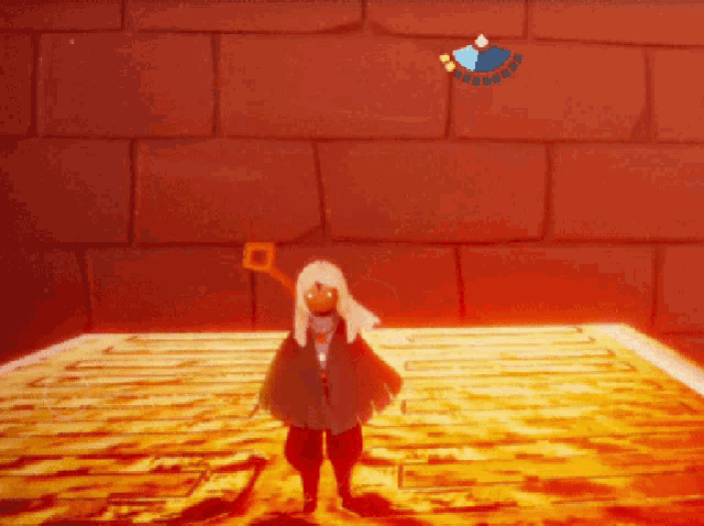 a person in a video game is standing in front of a red wall