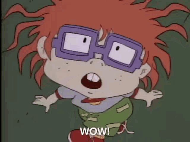 a cartoon character from rugrats is wearing glasses and saying `` wow '' .