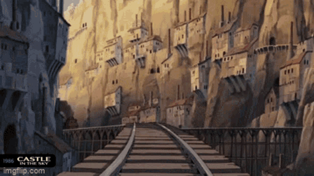 a poster for the movie castle in the sky shows a bridge and buildings