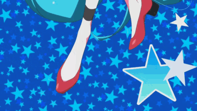 a blue background with stars and a person 's legs in red shoes