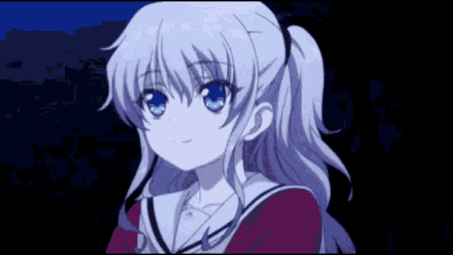 a girl with a ponytail and blue eyes is wearing a red school uniform