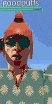 a pixelated image of a man wearing a hat and sunglasses with the word goodpuffs written above him