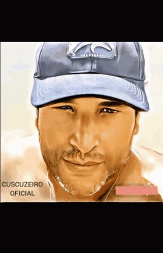 a man wearing a blue hat with the words cuscuzeiro oficial on the bottom right
