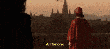 a man in a red robe is standing in front of a city with the words " all for one " written on the bottom