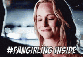a woman with her eyes closed is smiling with the words #fangirling inside below her