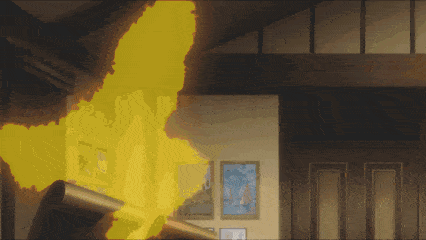 a room with a painting on the wall and a yellow flame coming out of it