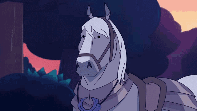 a cartoon drawing of a horse with a purple necklace around its neck