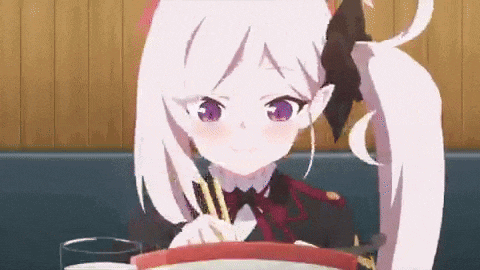 a girl with purple eyes is eating noodles with chopsticks .