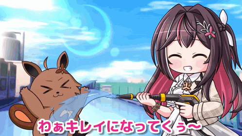 a cartoon of a girl holding a water gun next to a cartoon character