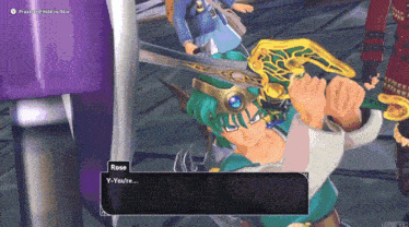 a video game character is holding a sword and talking to rose
