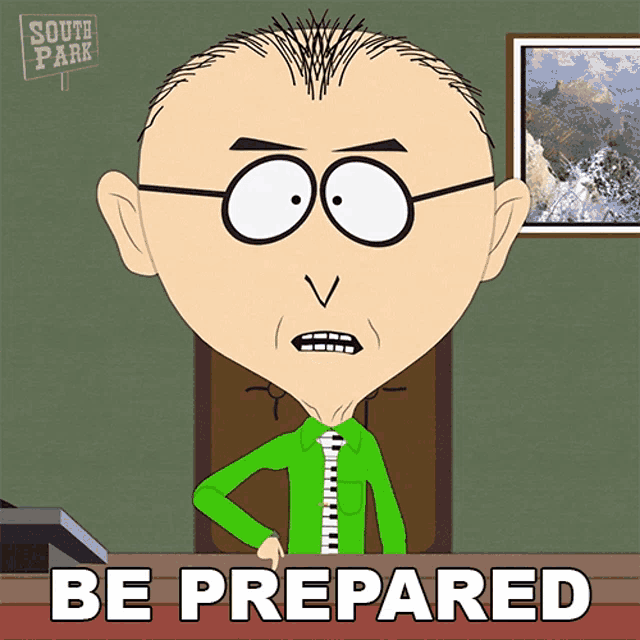 a cartoon of a man with glasses and the words be prepared below him