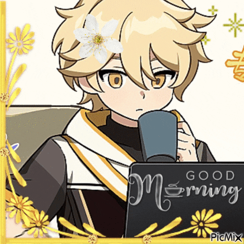 a cartoon of a boy drinking from a cup with the words good morning written on it