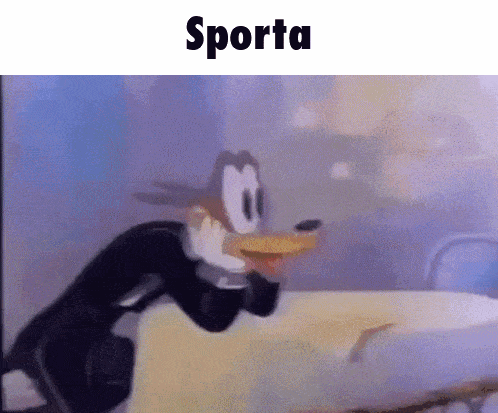 a cartoon character is standing next to a bed and the word sporta is on the bottom of the image .