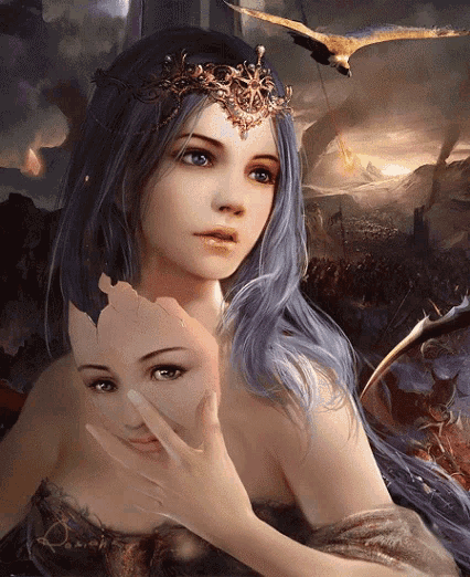 a woman with a crown on her head is holding another woman 's face in front of her face