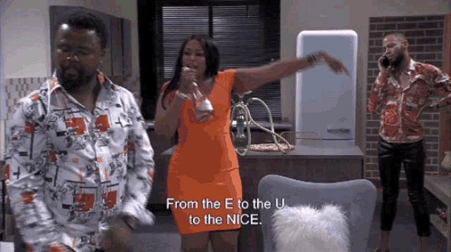 a woman in an orange dress says from the e to the u to the nice .