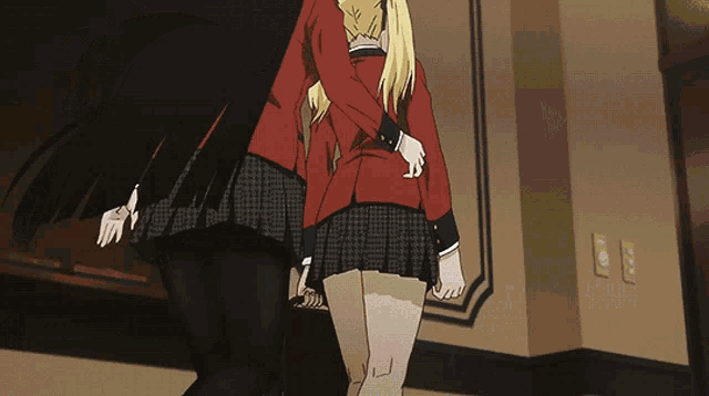 a girl with blonde hair and pigtails is wearing a red jacket and white shirt