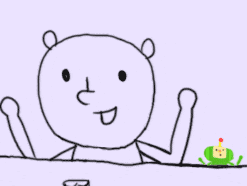 a cartoon drawing of a bear with a frog in the background