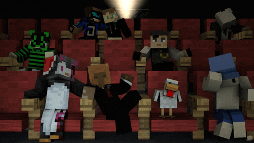 a group of minecraft characters sitting in a theater