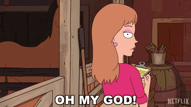 a cartoon woman is holding a clipboard and says oh my god