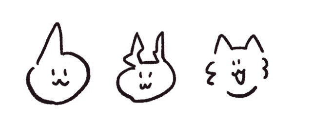 three drawings of a rabbit a cat and a circle with a face on it