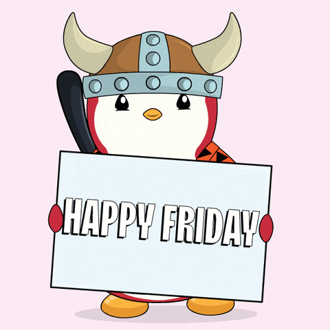 a penguin wearing a viking hat is holding a sign that reads happy friday