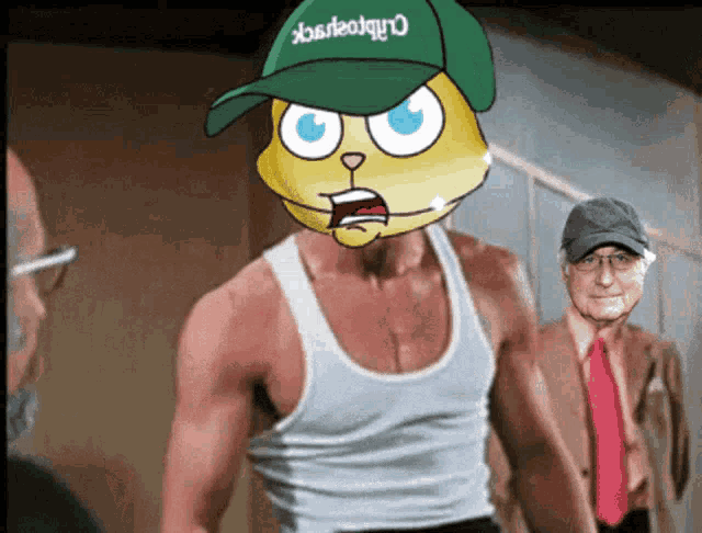 a man wearing a tank top and a green hat that says " orbieaquo "