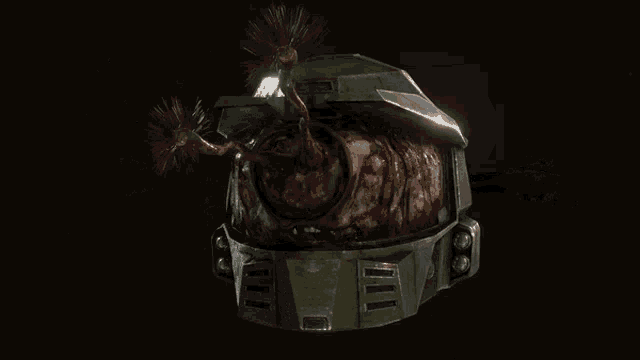 a green helmet with blood coming out of it and a light coming out of it