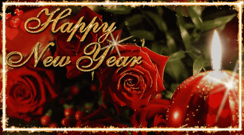 a happy new year card with red roses and a lit candle