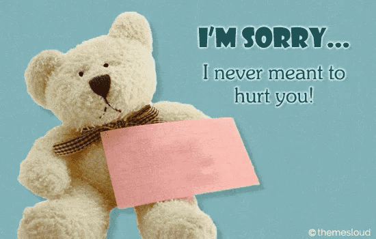 a teddy bear holding a pink sign that says " sorry "