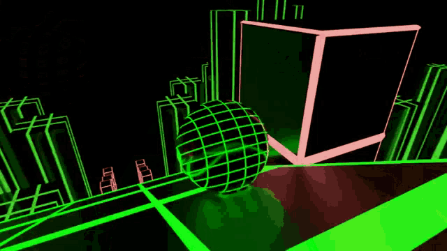 a green sphere is going down a staircase in a video game
