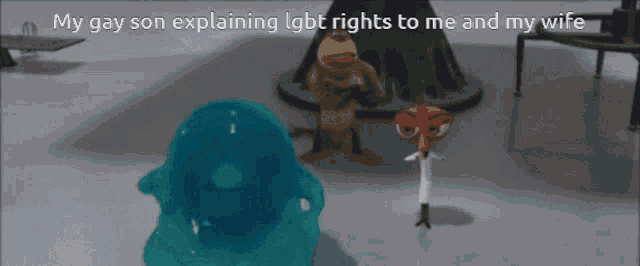 a cartoon scene with the words my gay son explaining lgbt rights to me and my wife on the bottom