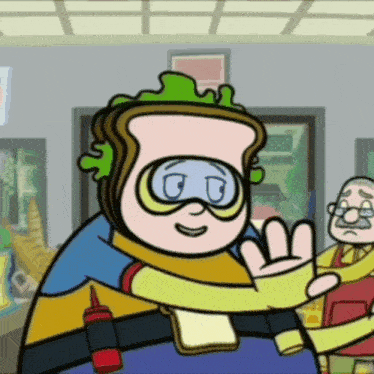a cartoon character wearing goggles and a sandwich on his face