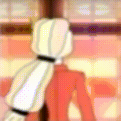 a cartoon character with a white ponytail is standing in front of a window in a room .
