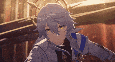 a cartoon character with gray hair and yellow eyes has a crown on his head