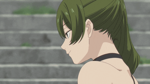 a drawing of a girl with green hair looking over her shoulder