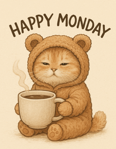a cat in a teddy bear outfit is holding a cup of coffee