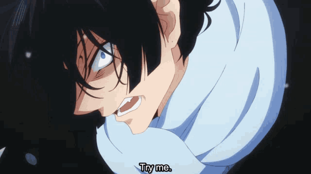 a man with a scarf around his neck is saying " try me "