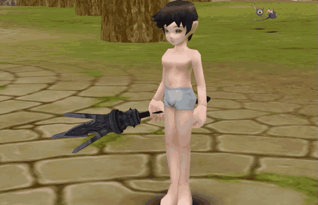 a cartoon character without a shirt is holding a black sword