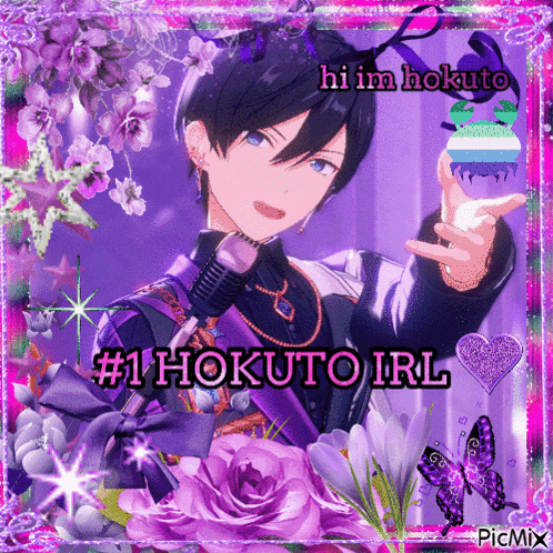 a picture of a boy with a microphone and the words hi im hokuto # 1 hokuto irl on it