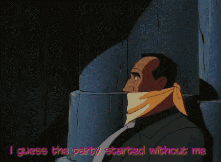a cartoon of a man with a yellow scarf around his neck and the words i guess the party started without me