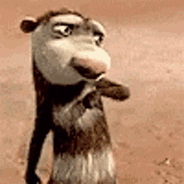 a cartoon opossum is standing on its hind legs on a sandy beach .