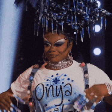 a woman wearing a t-shirt that says onya