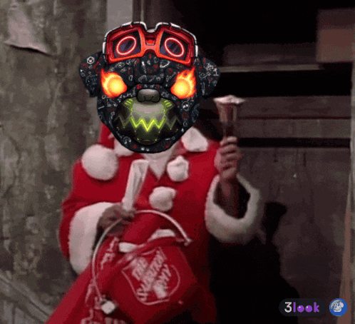 a person in a santa suit is holding a salvation army bucket