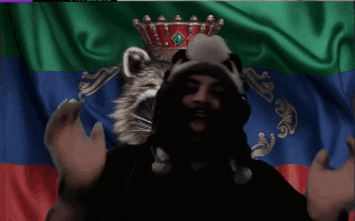 a man stands in front of a flag with a cat on it