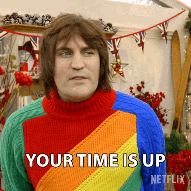 Your Time Is Up Noel Fielding GIF - Your Time Is Up Noel Fielding The Great British Baking Show Holidays GIFs