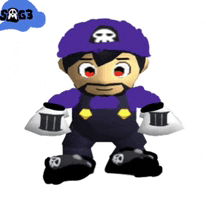 a cartoon character wearing a purple hat with a skull and crossbones on it