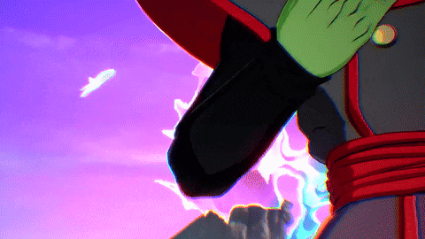 a close up of a cartoon character 's arm with a purple sky in the background