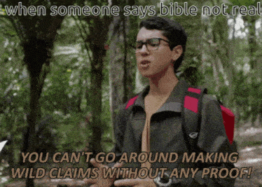 a man with glasses and a backpack is talking about bible not real