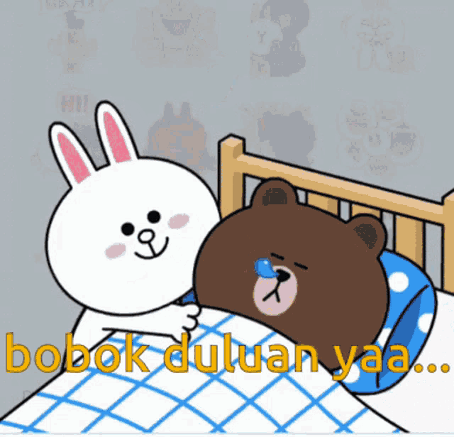 a cartoon bunny is hugging a brown bear in a bed with the words dobok duluan yaa